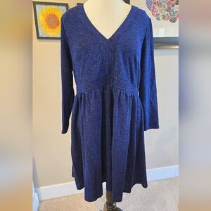 Modcloth Sparkling Blue Long Sleeve Vneck Fit And Flare Evening Dress